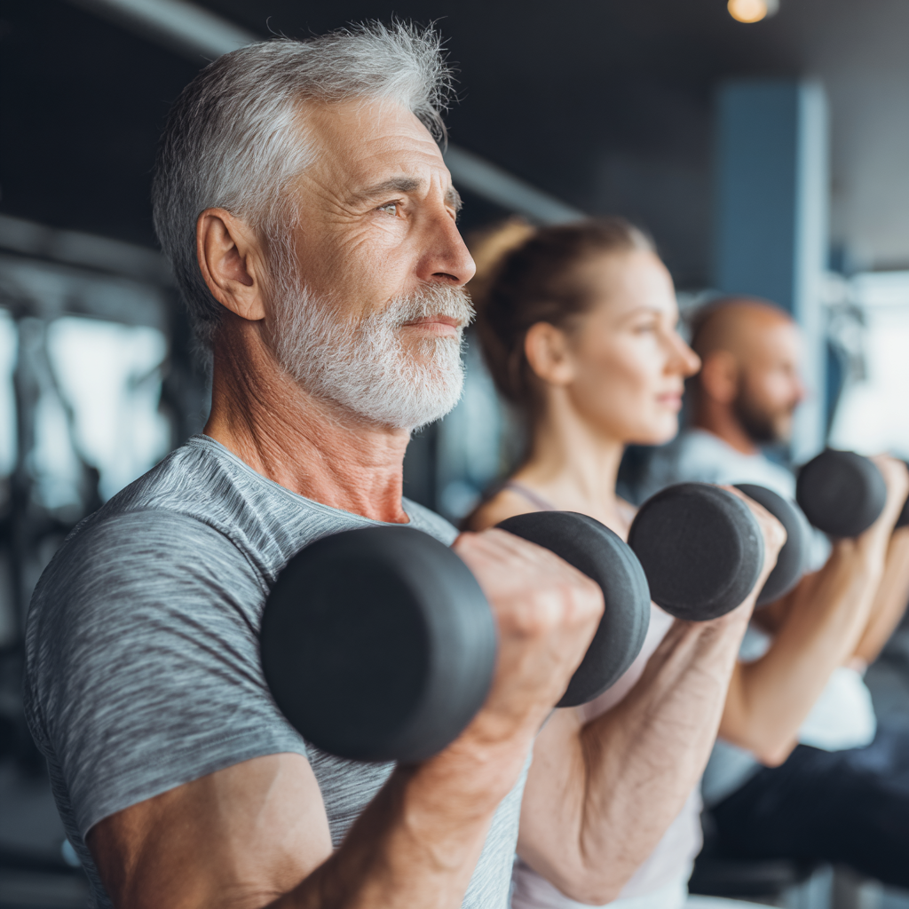 Mature adults engaged in strength training exercises in modern fitness facility