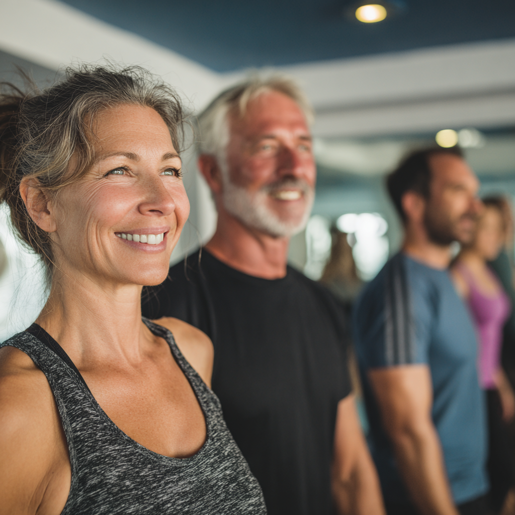 Middle-aged professionals participating in guided fitness session with personal trainer